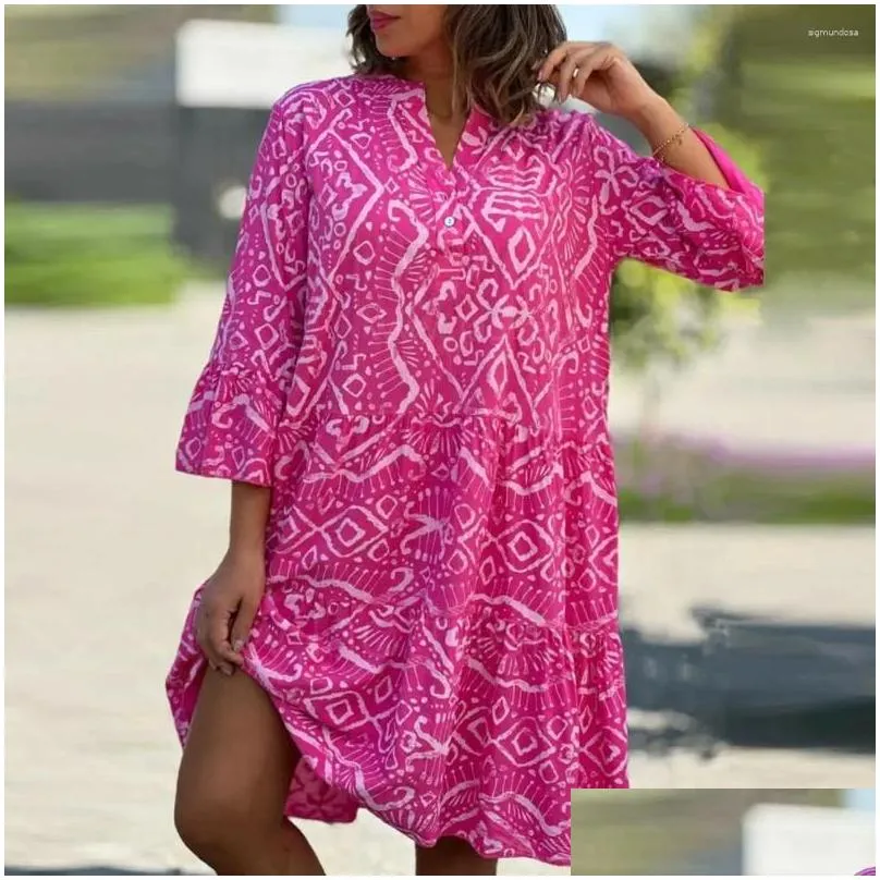 casual dresses dress bohemian geometric print midi with three quarter horn sleeves a-li ork design for womens spring