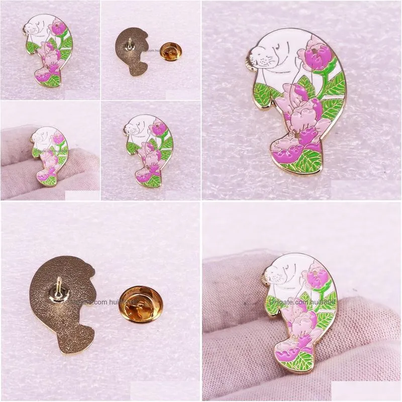 peony manatee protection enamel brooch pin backpack hat bag collar lapel pins badges women mens fashion jewelry accessories