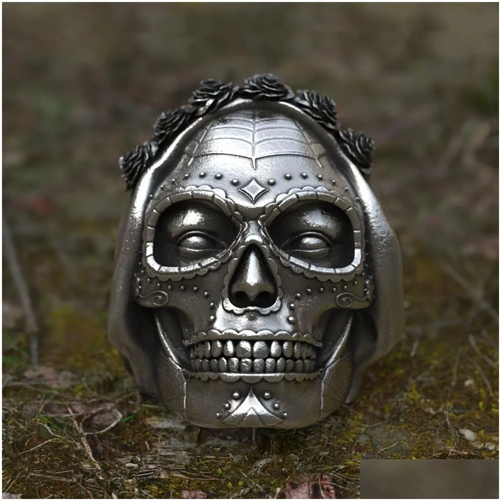 goth santa muerte ring rose crown sugar skull stainless steel rings womens punk biker jewelry unique gift7277608