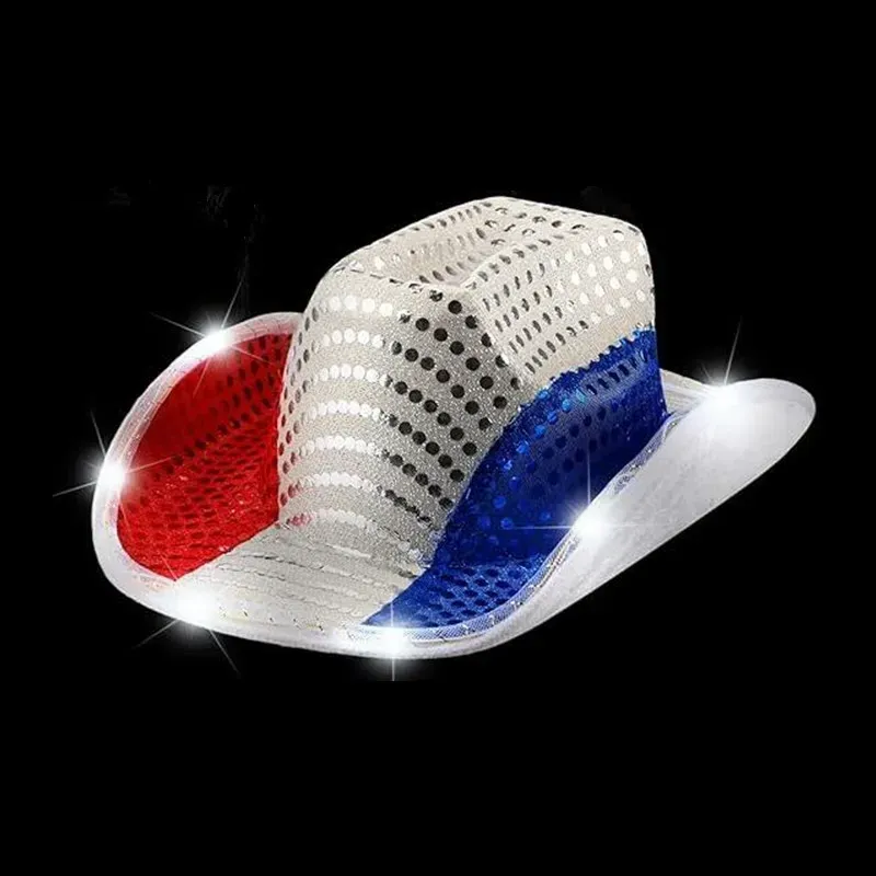 Red White and Blue USA Patriotic Light Up Hats LED Flashing Luminous American Sequin Cowgirl Hat For Western Independence Day Party Supplies