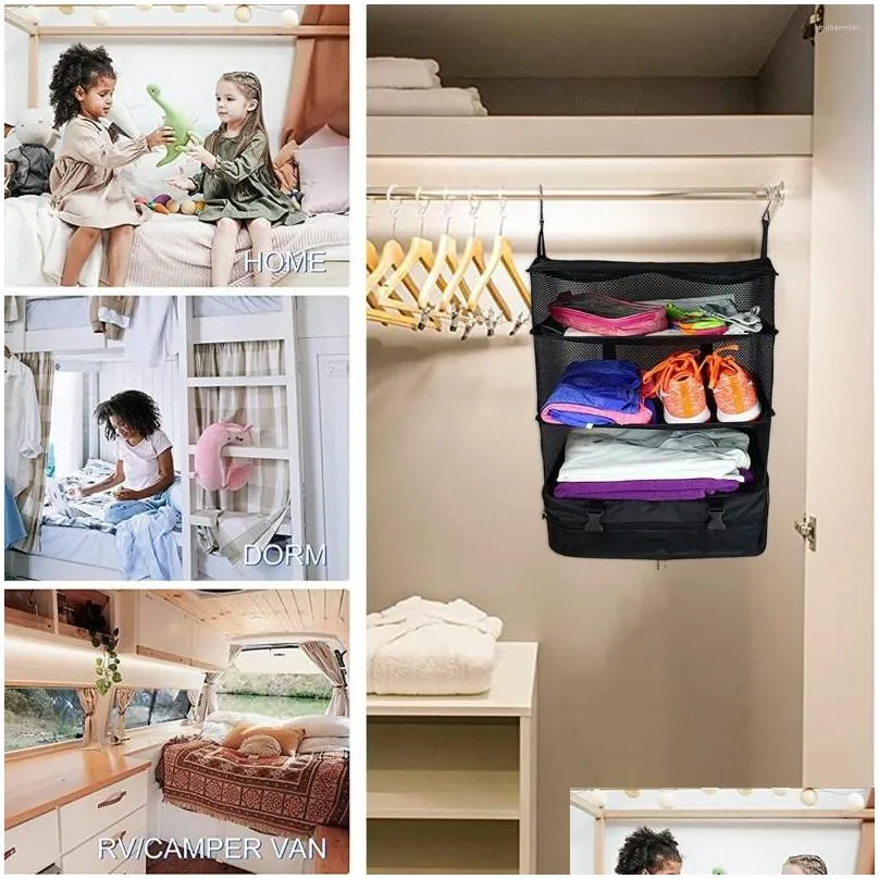 Storage Bags Travel Lage Organizer Portable Shees Bag 3-Shelf Suitcase Packing Cube Collapsible Hanging Closet Drop Delivery Dhnhy