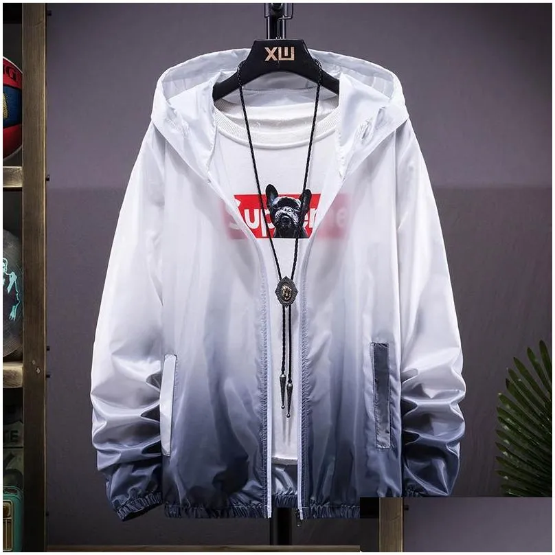 Men`S Jackets Mens Jackets Oversized Bomber Men Autumn Spring Casual Outwear Gradient Coat Zipper Hooded Thin Breathable Uni Harajuku Dhebm