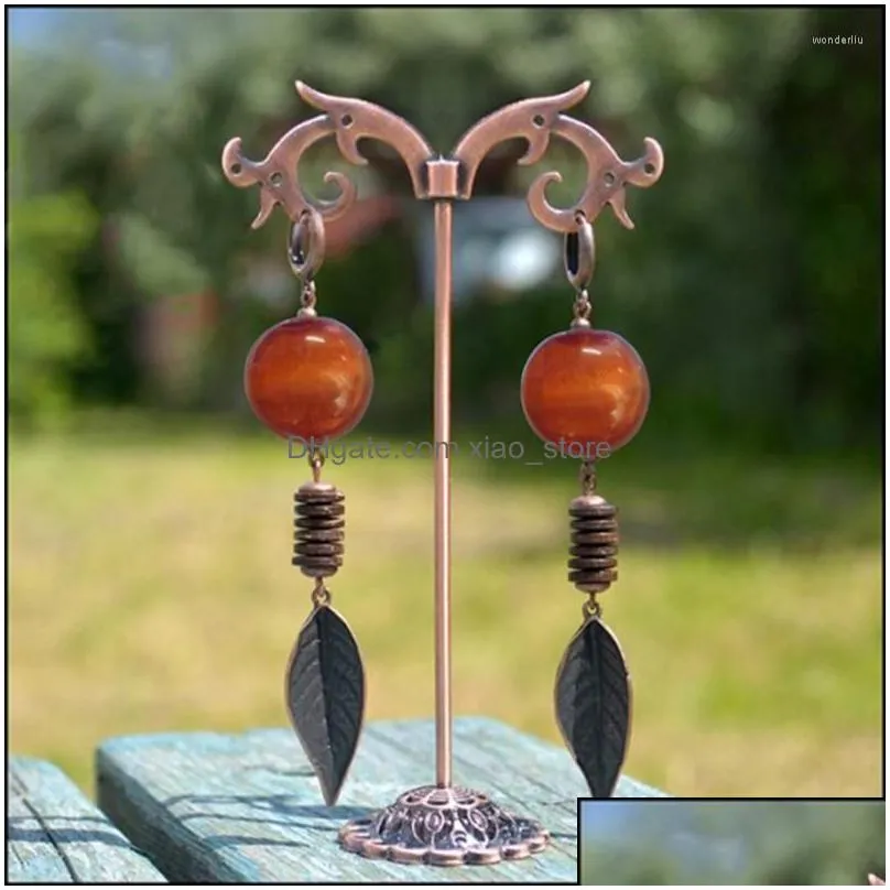 dangle earrings women ethnic bronze metal leaves coral color beaded statement drop for wedding party gift