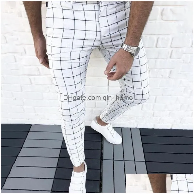 mens pants smart casual fashion clothing plaid pencil thin mid waist jogger trousers for men