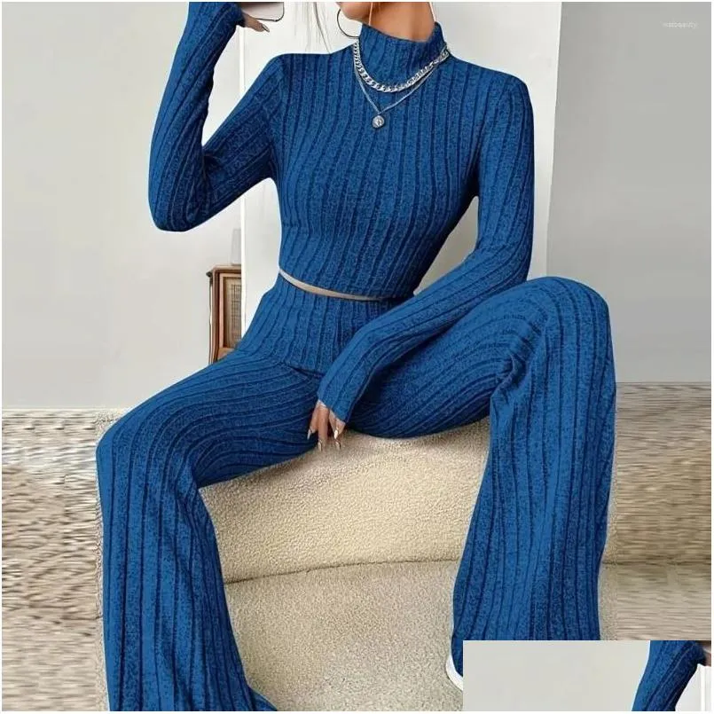 womens two piece pants women elegant knitted outfit winter set turtleneck cropped top high waist flared pullover