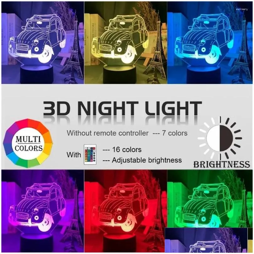 Night Lights 3D Led Vintage Car 2Cv Illusion Light For Home Decoration Child Bedroom Adt Office Decor Cool Classic Drop Delivery Dhtkv