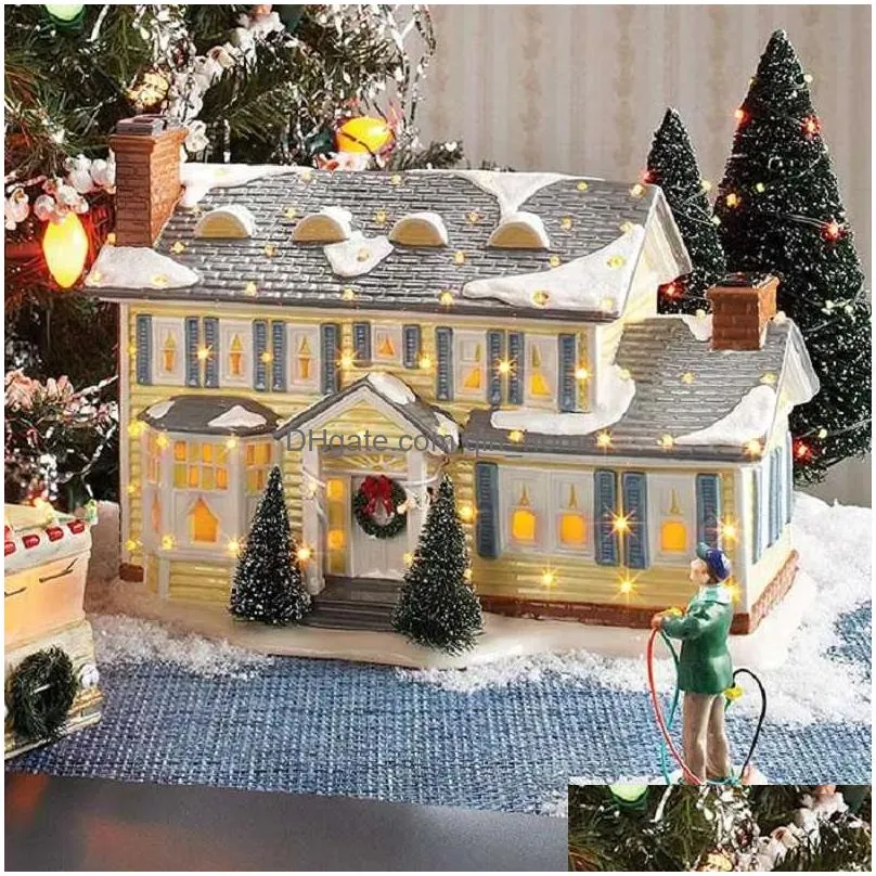 christmas decorations brightly lit building christmas santa claus car house village holiday garage decoration griswold villa home desktop figurines