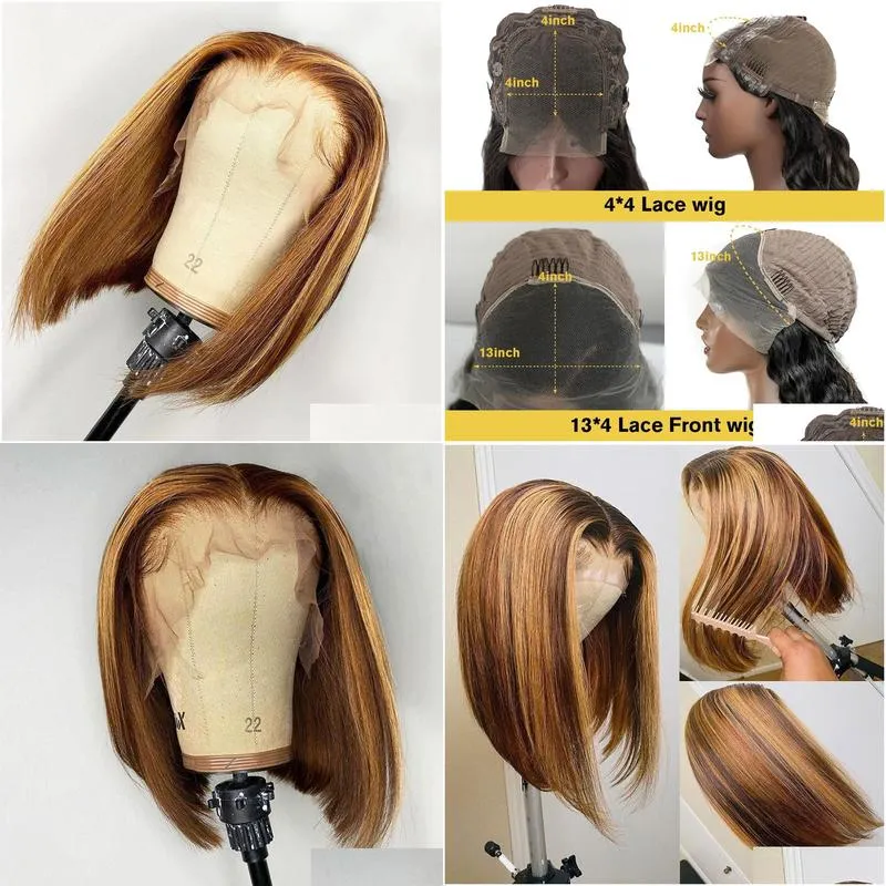 Human Hair Wigs Honey Blonde Highlight Wig Human Hair Straight 13X4 Bob Lace Front Wigs For Black Women Short Hd Frontal Drop Delivery Dhlay