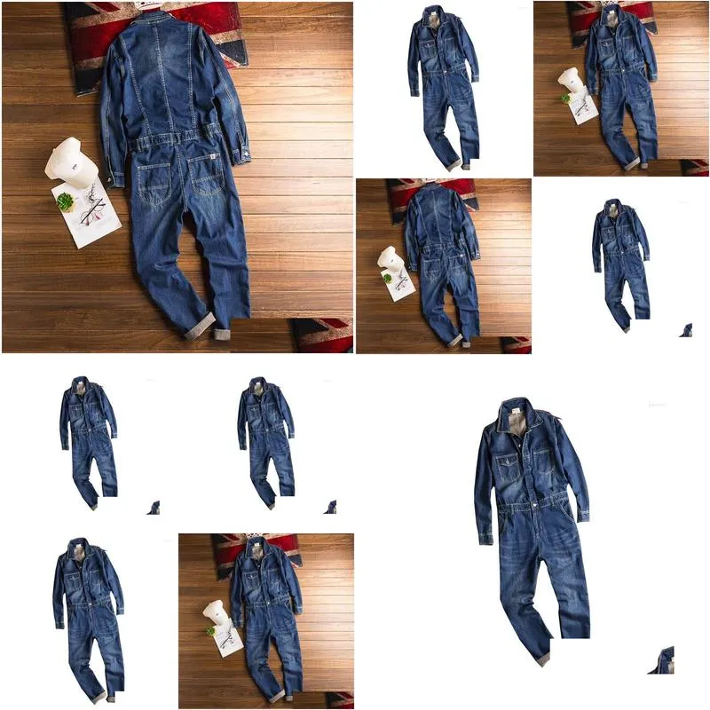 Men`S Jeans Mens Jeans 2023 Spring And Autumn Overalls Denim Jumpsuits Long Sleeve Lapel Loose Blue Cargo Pants Fashion Workwear Trou Dhpyx