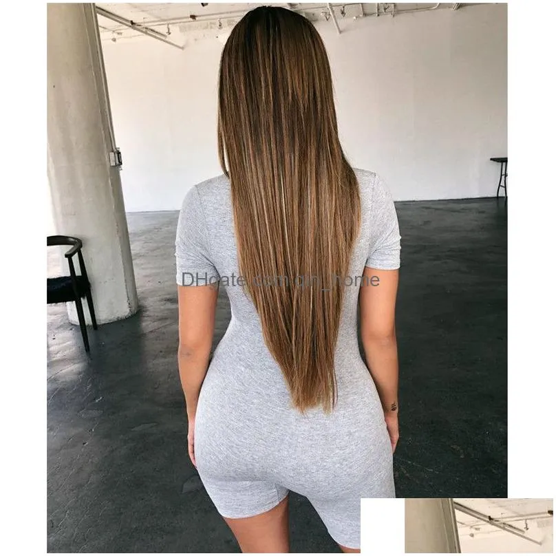 sexy women zipper v-neck jumpsuits fitness tights playsuit costume short sleeve romper tracksuit for women