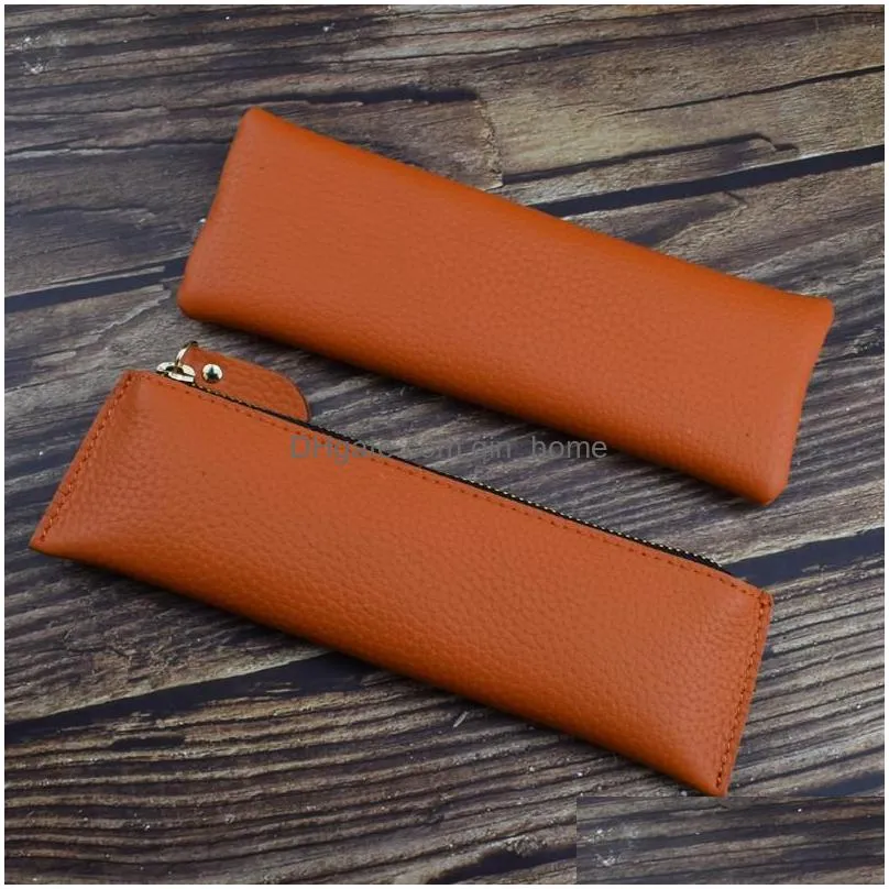 wholesale pencil bags portable soft genuine leather bag handmade vintage cowhide zipper pen case office writing stationery gift