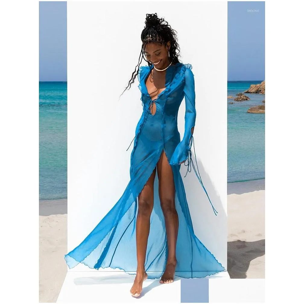 Women`S Swimwear Womens Swimwear Summer Beach Dress Women Elegant Bandage Ruffles Slim Maxi 2022 Y Blue Long Sleeve Evening Party Clu Dh8Ya