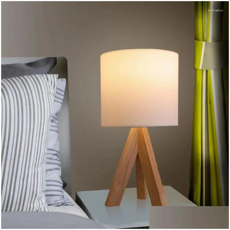 Table Lamps Mainstays Tripod Oak Lamp With Classic White Fabric Shade 16.75H Drop Delivery Lights Lighting Indoor Dhuxa