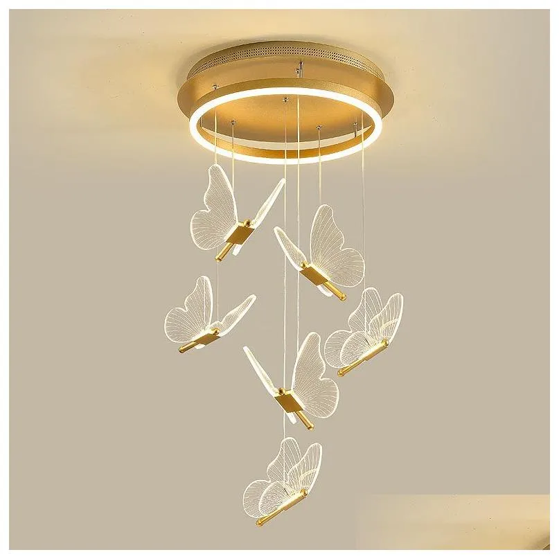 luxury modern golden butterfly staircase led chandelier nordic round dimmable suspension light duplex building villa dining chandelier