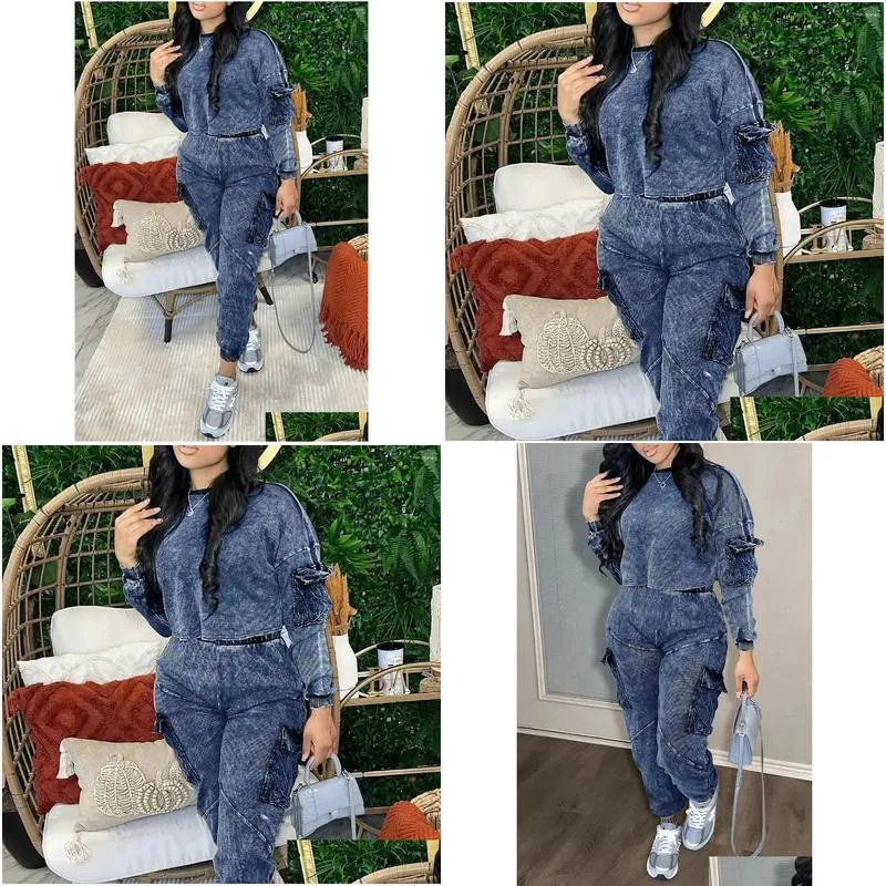 womens two piece pants est style casual pocket pullover long sleeve dark gray suit pieces set
