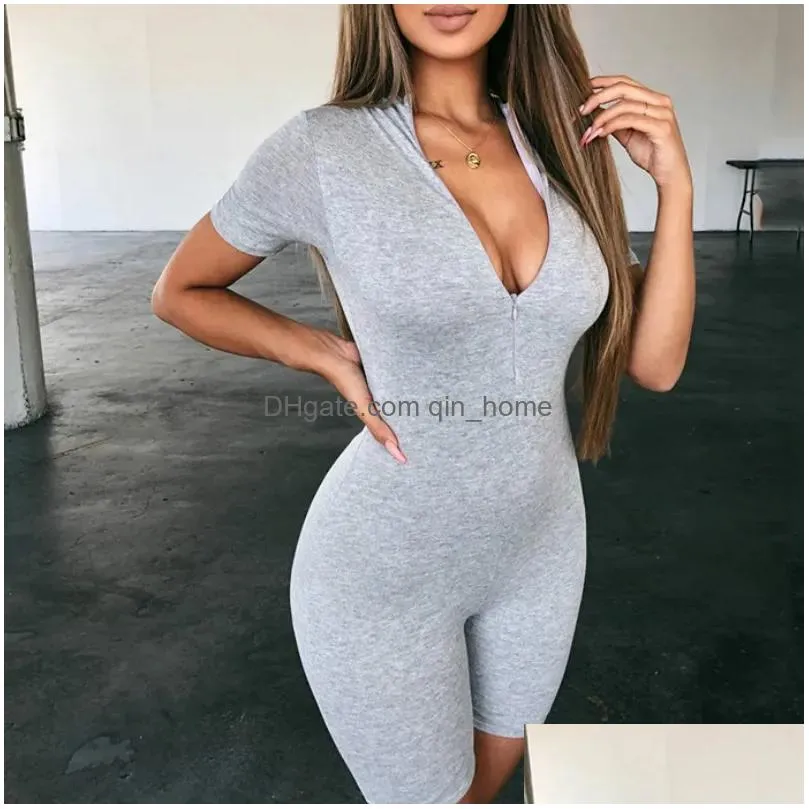 sexy women zipper v-neck jumpsuits fitness tights playsuit costume short sleeve romper tracksuit for women