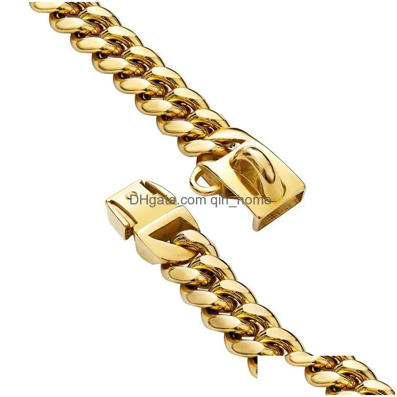 gold dog chain collar 18k collar with secure buckle stainless steel metal collars chew proof heavy duty cuban link for medium large