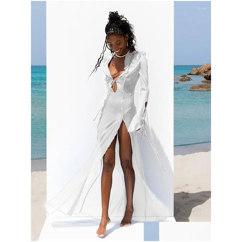 Women`S Swimwear Womens Swimwear Summer Beach Dress Women Elegant Bandage Ruffles Slim Maxi 2022 Y Blue Long Sleeve Evening Party Clu Dh8Ya