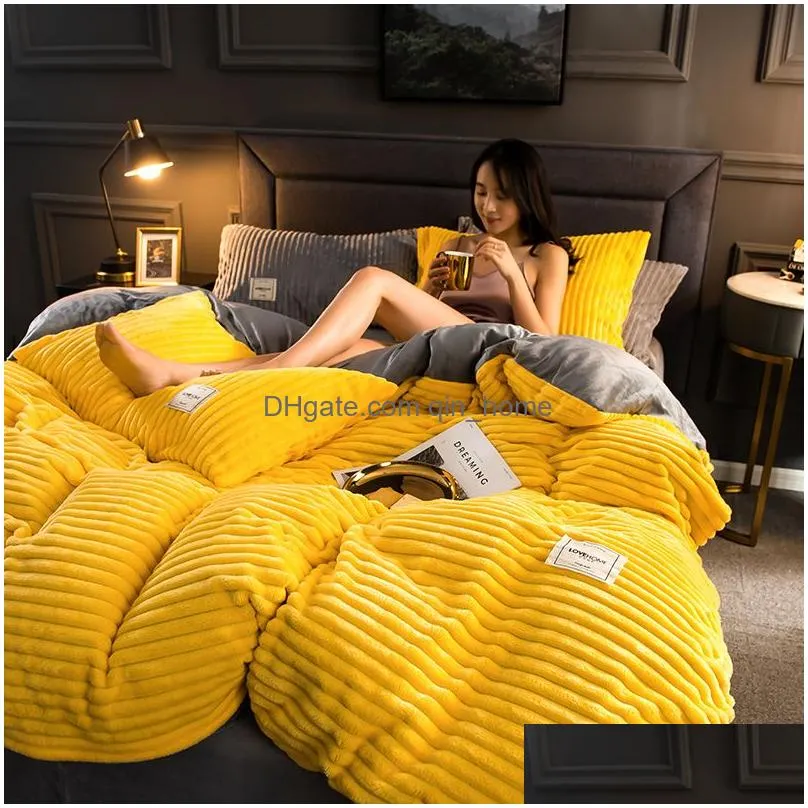 sets magic velvet fleece bedding set 4pcs/set stripe duvet cover flat sheet pillowcase ab side flannel winter warm bed linen