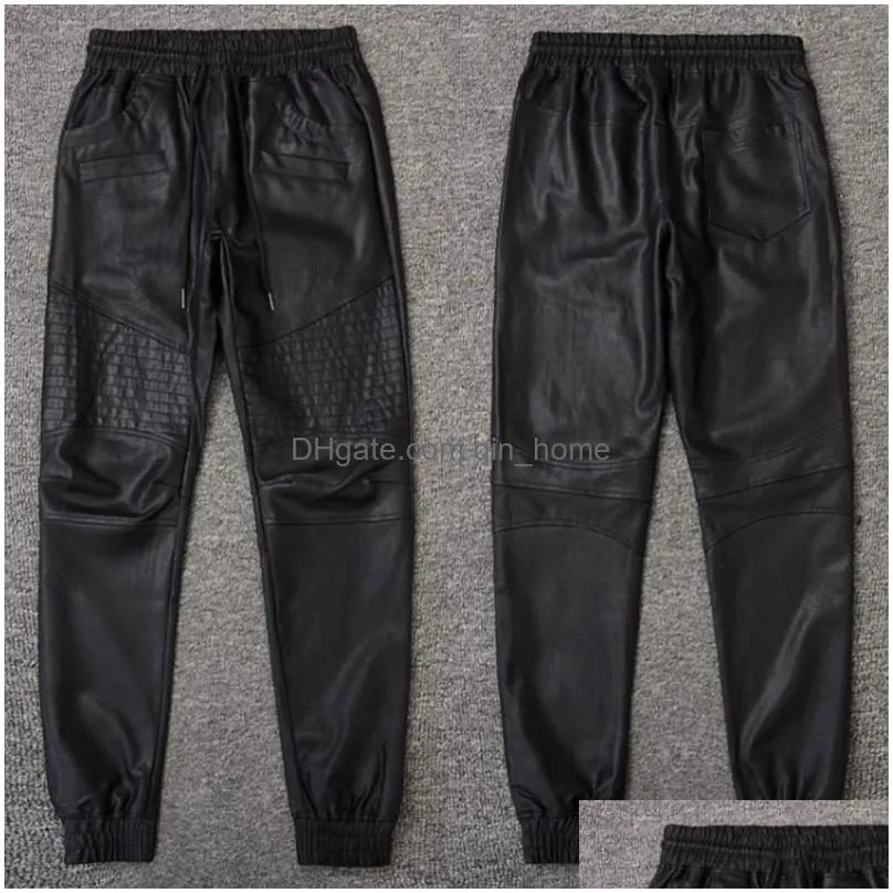 tsingyi moto biker faux leather pants men joggers harem pant elastic waist zipper pockets black streetwear slim fit men