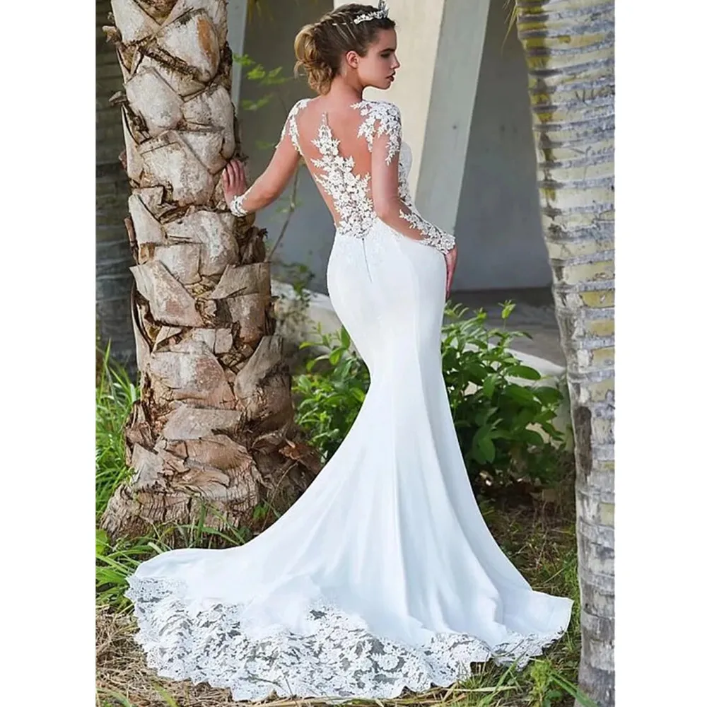 Mermaid V-Neck Wedding Dress For Women 2024 Long Sleeve Appliques Lace Court Train Backless Bridal Gown Vestido De Noiva