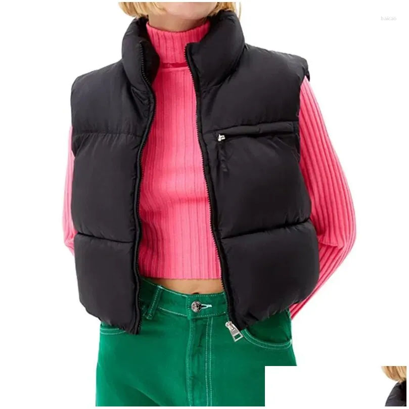 womens vests women cropped puffer vest coat autumn winter clothes warm solid color lightweight sleeveless zipper down jacket