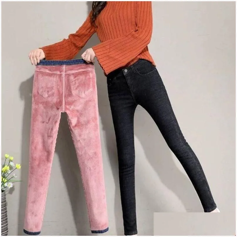 Women`S Jeans Womens Jeans 2021 Women Trousers Winter Warm Denim Pants Skinny Slim Fit Veet Fleece Lined Thick Pencil Pant Drop Deliv Dhv0W