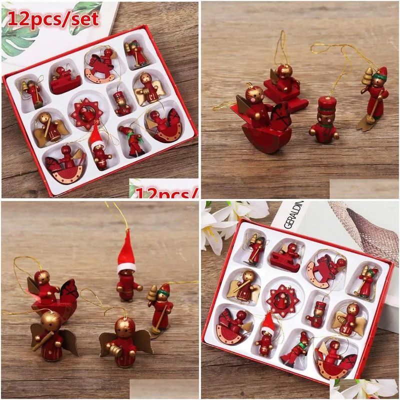 Christmas Decorations 12Pcs /Set Wooden Miniature Ornaments Tree Hanging Pendants Year Gift Toy For Kid Home Party Decor Wholesale Dr Dh28X
