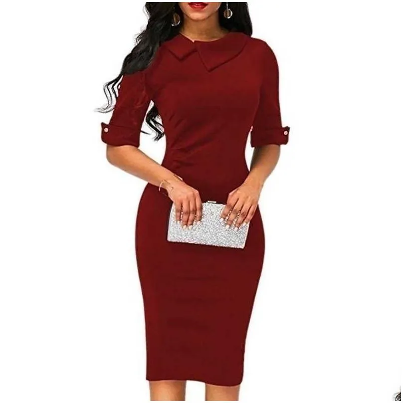 Basic & Casual Dresses Casual Dresses Women Spring Summer Turn-Down Collar Fit Work Dress Vintage Elegant Business Office Pencil Body Dhb5A