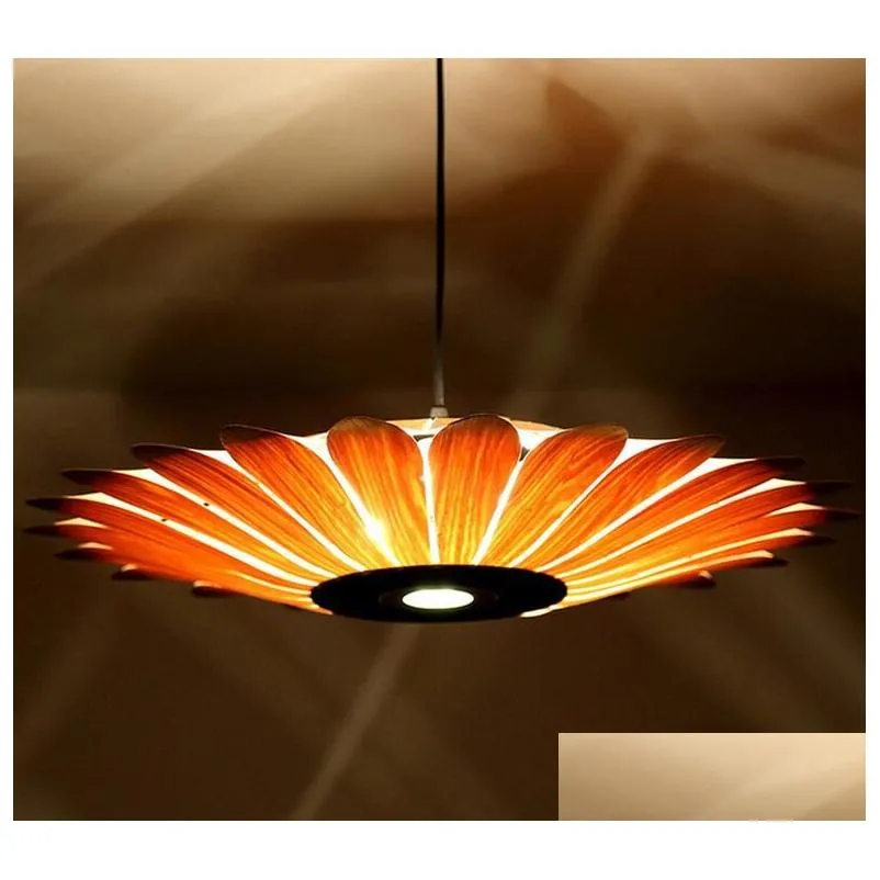 Pendant Lamps Leather Led Pendant Lamp Yellow Sunflower Shape Wooden Chandelier Lighting E27 Bb Light Fixture Creative Style For Resta Dh1Dv