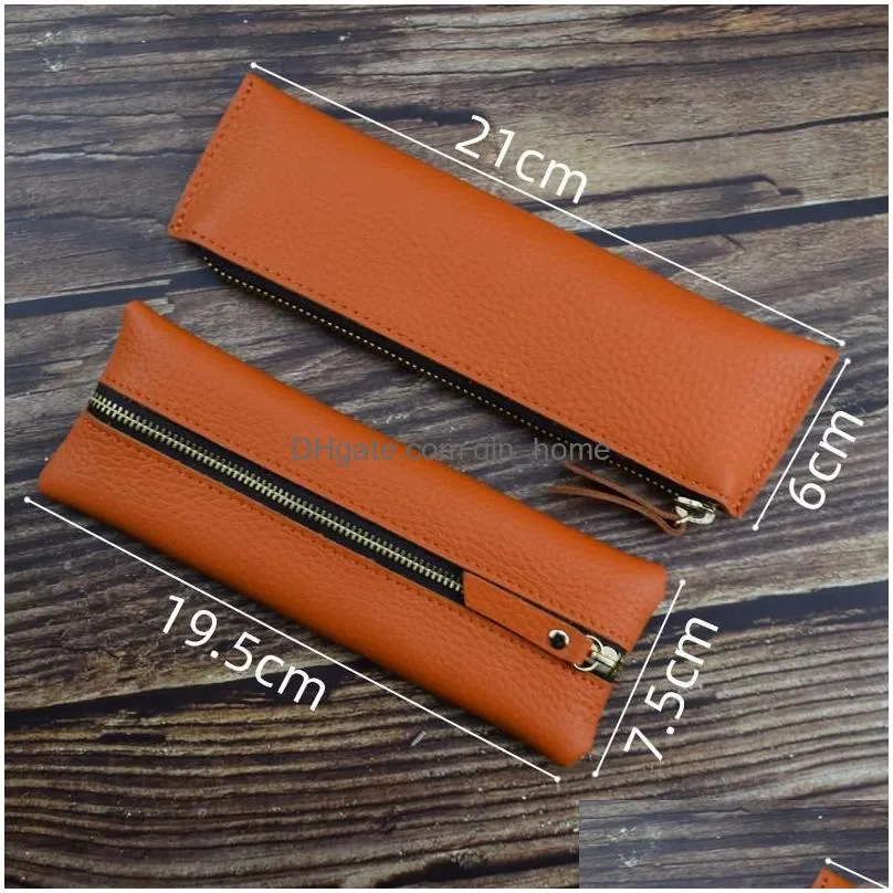 wholesale pencil bags portable soft genuine leather bag handmade vintage cowhide zipper pen case office writing stationery gift
