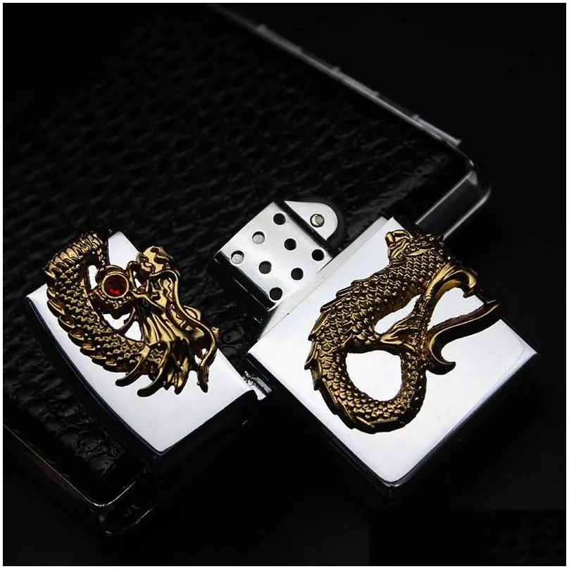 Lighters New Arrival Gold Dragon Oil Inflatable Flame Lighter Wheel Torch Turbo Butane 1300C Cigar Cigarettes Drop Delivery Home Garde Dhyr5