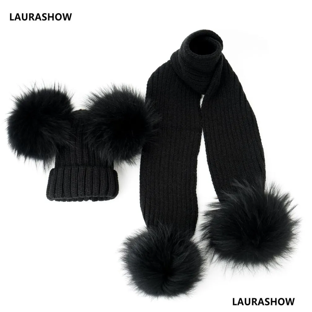 laurashow real raccoon fox fur ball pompoms hat with scarf for kids knit baby winter cap y201024