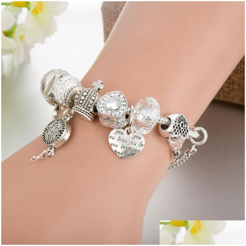 strands bracelet charm white crystal beads diy heart pendant jewelry wholesale