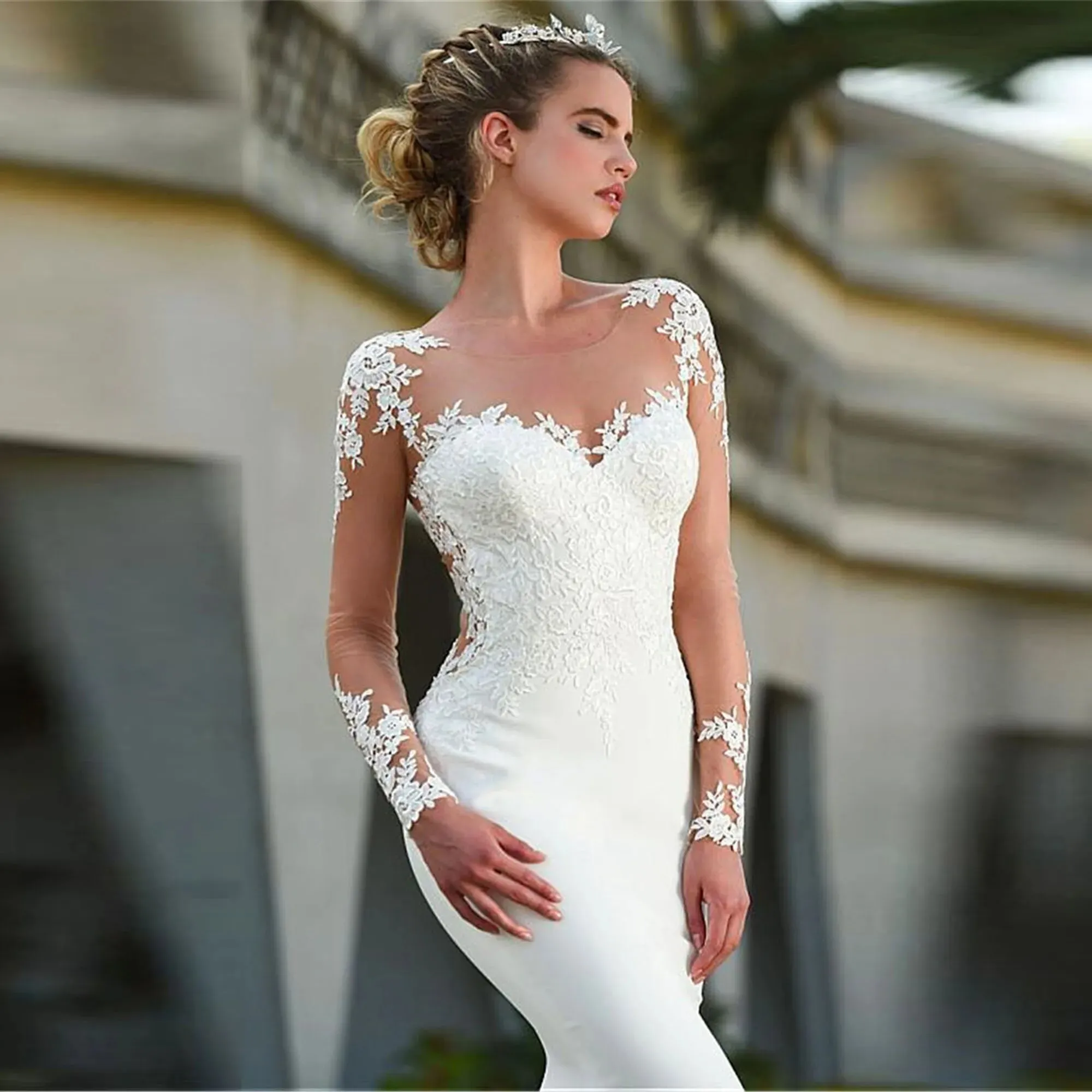 Mermaid V-Neck Wedding Dress For Women 2024 Long Sleeve Appliques Lace Court Train Backless Bridal Gown Vestido De Noiva