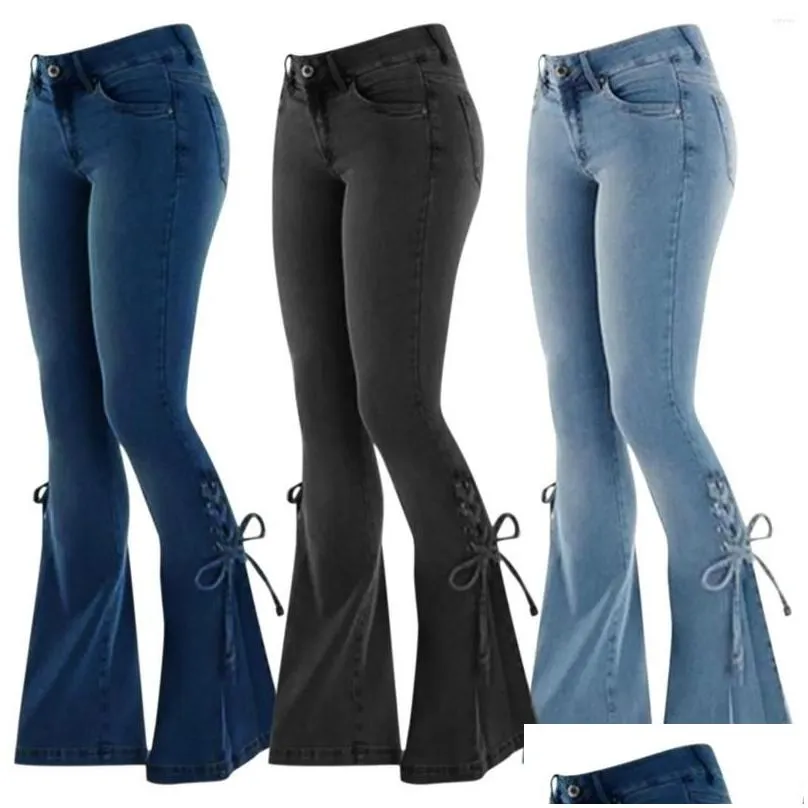 Women`S Jeans Womens Jeans Women Flared High Waist Denim Pants Vintage Stretch Streetwear Lace Up Bell Bottom Pant Elastic Trousers D Otefn