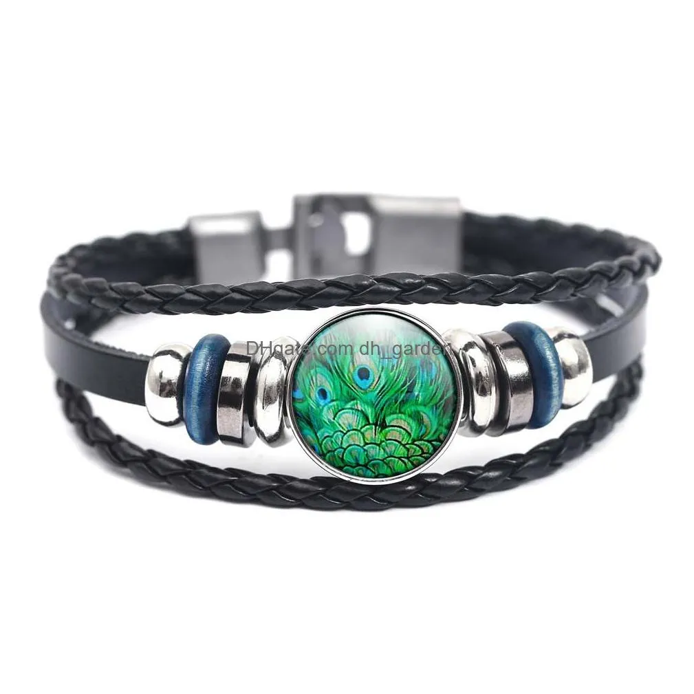 Chain Handmade Peacock Pattern Glass Dome Leather Bracelet For Women Men Buddhism Mtilayer Om Yoga Trendy Jewelry Gift Drop Delivery Dhltu