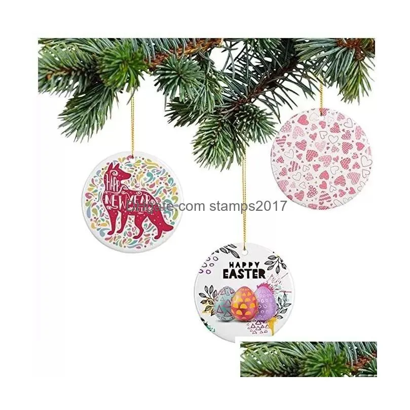 sublimation blank party decorations 2022 white ceramic pendant with gold string for christmas room home decor