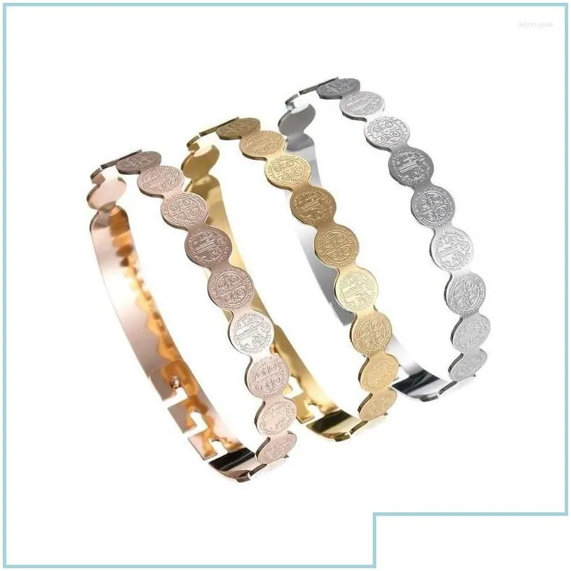 Bangle Bangle Stainless Steel San Benito Medal Bracelet For Women Rose Gold/Gold/Sier Color Metal St Benedict Adjustable Drop Delive