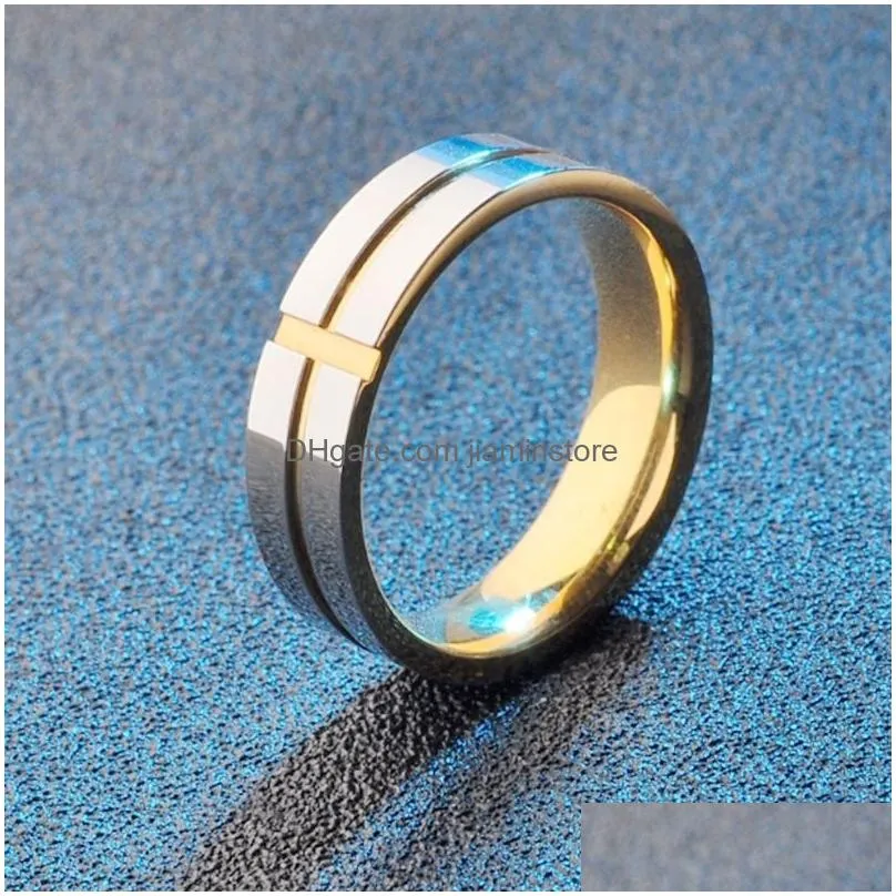 Band Rings Contrast Color Cross Stainless Steel Couple Ring Band Blue Gold Glossy Rings For Women Men Fashion Jewelry Will And Sandy Dh5Rx