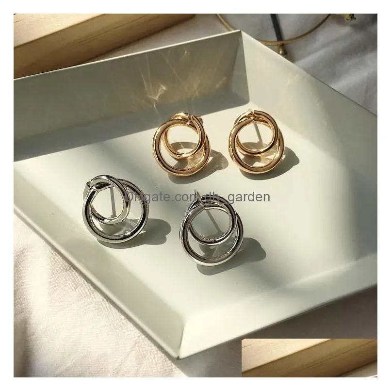 Hoop & Huggie New Arrival Geometric Double Round Stud Earring For Women Trendy Hoop Gold Sliver Plating Alloy Drop Jewelry Dhgarden Dh3U0
