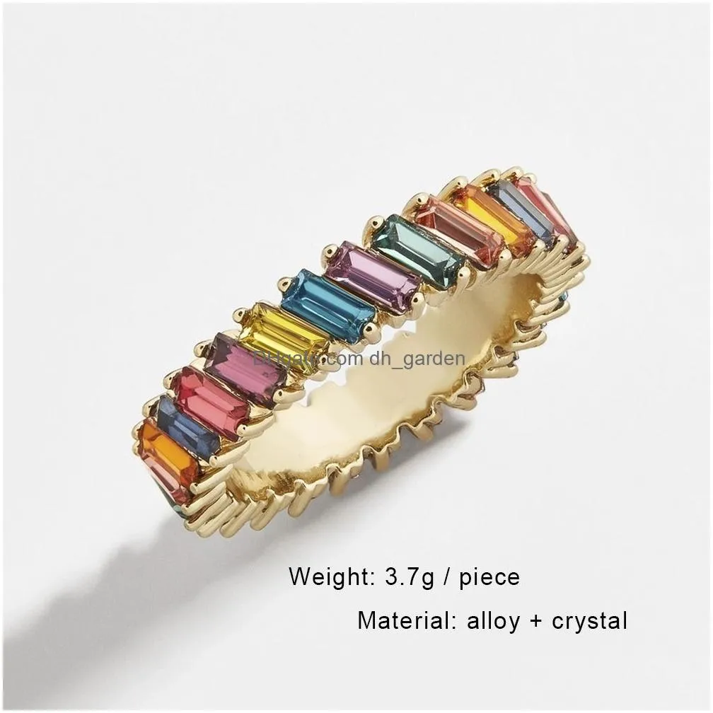 Wedding Rings New Boho Rainbow Tilt Crystal Engagement Rings For Women Girls Fashion Square Baguette Cz Eternity Finger Ring Wedding Dhoch