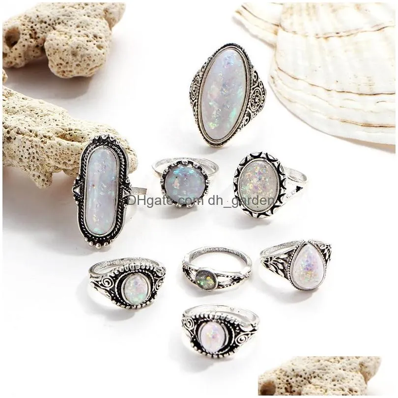 Cluster Rings New Arrival Big Vintage Opal 8 Pcs Knuckle Ring Set For Women Sliver Color Geometric Pattern Bohemian Style F Dhgarden Dhfqj