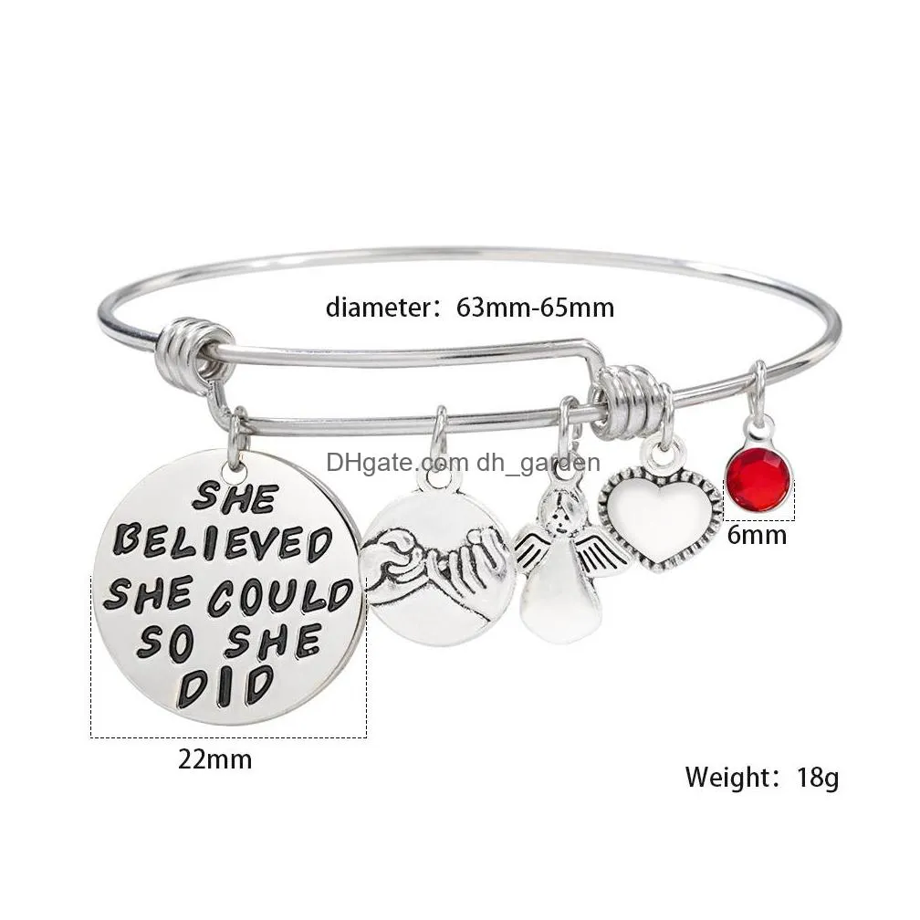 Bangle 2021 New Inspirational Birthstone Charm Bracelet Bangle For Women Angle Friendship Expandable Stainless Steel Wire D Dhgarden Dheta