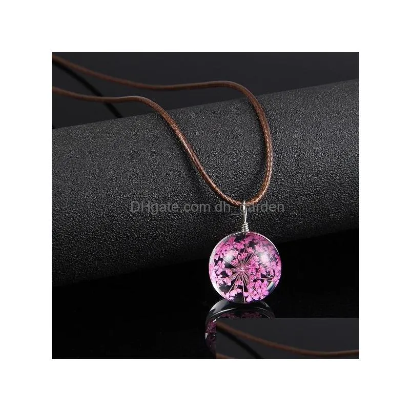 Pendant Necklaces Trransparent Round Dired Flower Glass Pendant Leather Necklace For Women Lovey Long Extendable Chain Jewel Dhgarden Dhl31