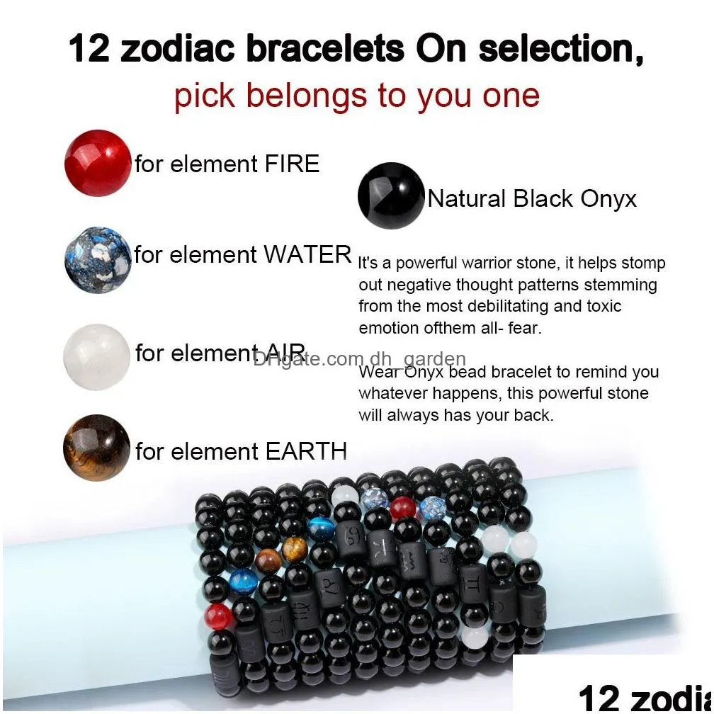 Beaded Fashion 12 Constellation Black Agate 10Mm Beaded Strands Bracelets For Men Women Tiger Eyes Beads Natural Stone Bracelet Jewel Dhekx