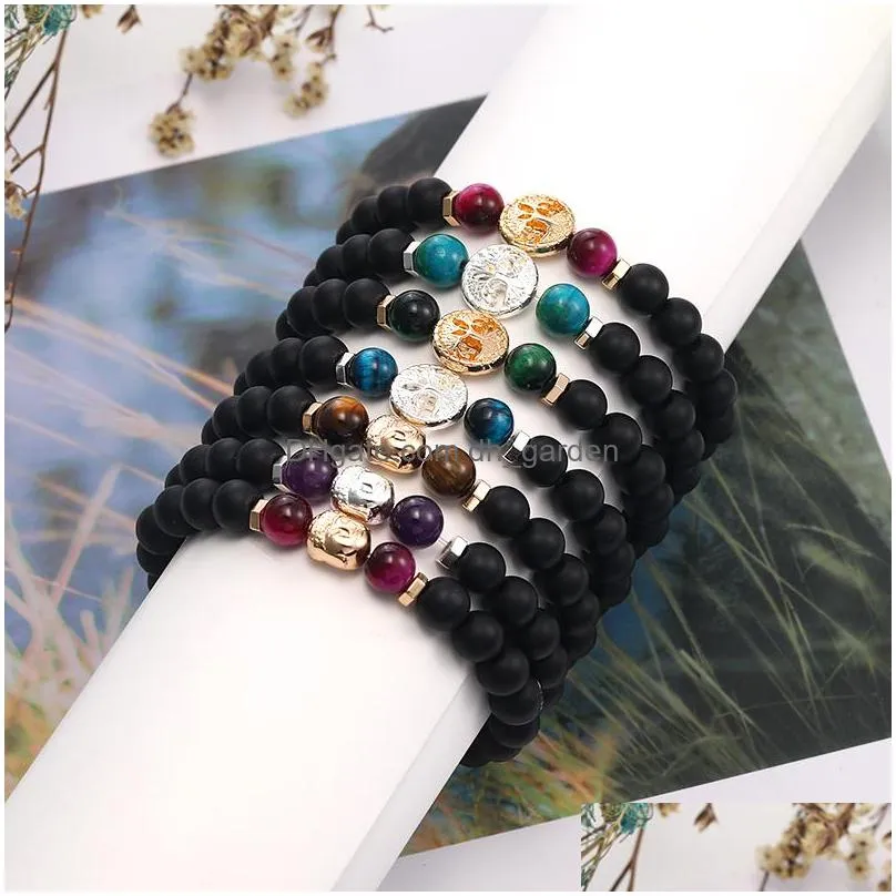 Beaded New 8Mm Black Matte Stone Buddha Life Of Tree Charm Beads Bracelet For Men Handmade Elastic Tiger Eye Amethyst Jewel Dhgarden Dht6T