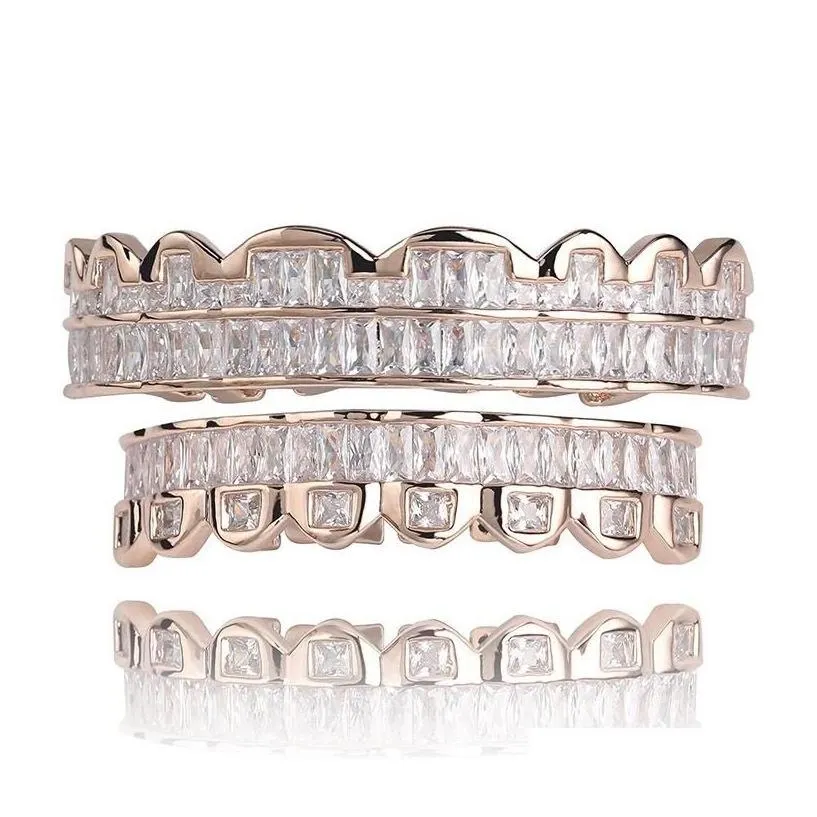 Grillz Dental Grills New Baguette Set Teeth Grillz Top Bottom Rose Gold Sier Color Mouth Hip Hop Fashion Jewelry Rapper 871 Q2 Drop