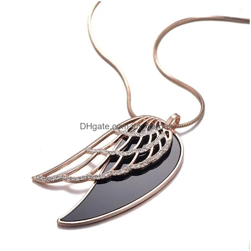 Pendant Necklaces New Gold Color Crystal Feather Angel Wing Pendant Necklace Double Layer Long Sweater Chain Statement Jewelry Collare Dh2Dv