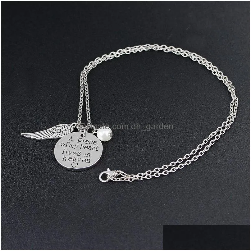 Pendant Necklaces New Fashion Angels Wing Handwriting Remembrance Necklace For Women A Piece Of My Heart Lives In Heaven Pearl Pendant Dhvmh